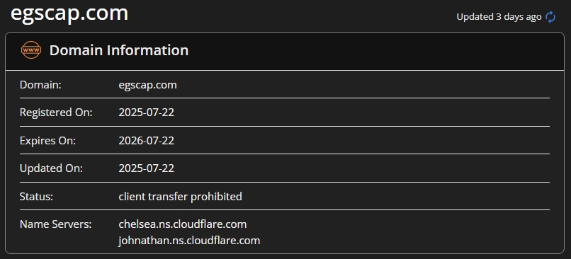 WHOIS record for egscap.com: Registered on July 22, 2025; Expires on July 22, 2026; Updated on July 22, 2025