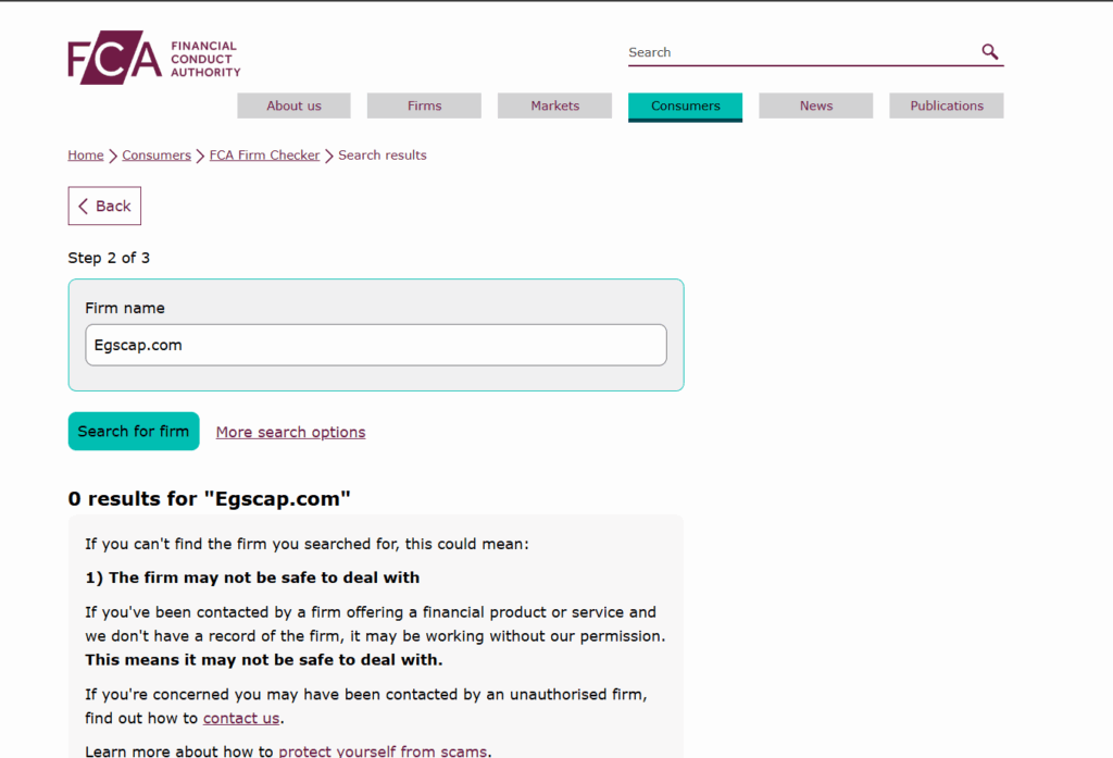 Screenshot: We checked the register Egscap.com is not found in the FCA search and does not have a license and authorization from the regulator